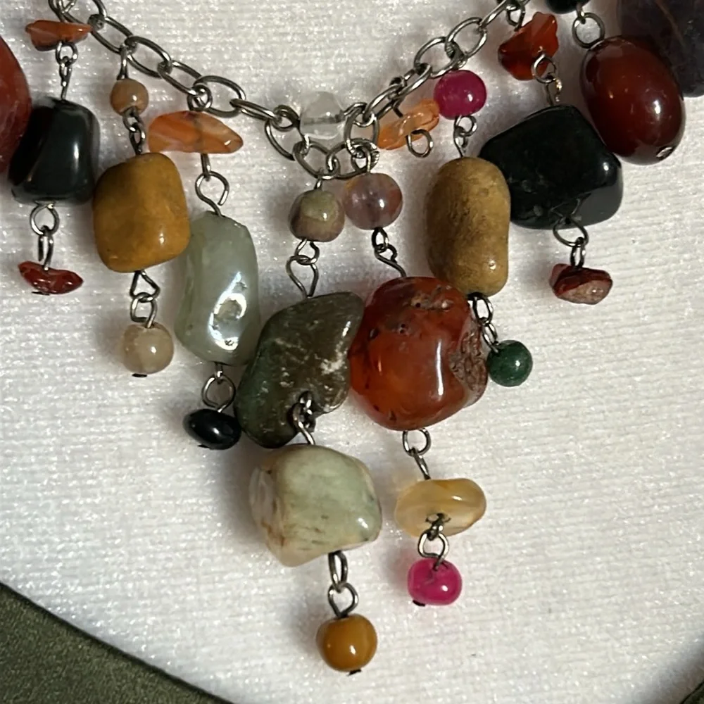 Handcrafted Multi Gemstone Bead Confetti Chandelier Drop Silver Tone Necklace